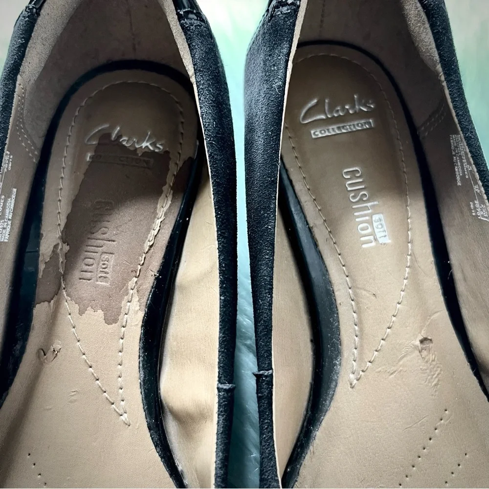 Clarks Black SUEDE & PATENT LEATHER Cap Toe Soft Cushion Low Wedges Women's 6